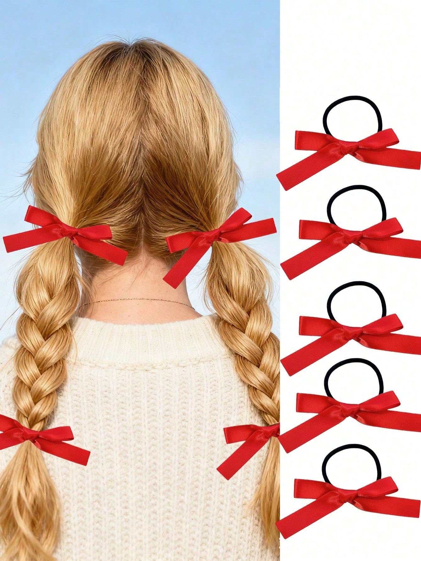 5pcs Women's Fashionable And Cute Red Bow Hair Ties, Perfect For Daily Ponytail Use, Women's Hair Accessories, Highly Recommended Gifts, Autumn Outfits, Ponytail Holders, Hair Elastics, Hair Rubber Bands, Scrunchies, Hair Rope