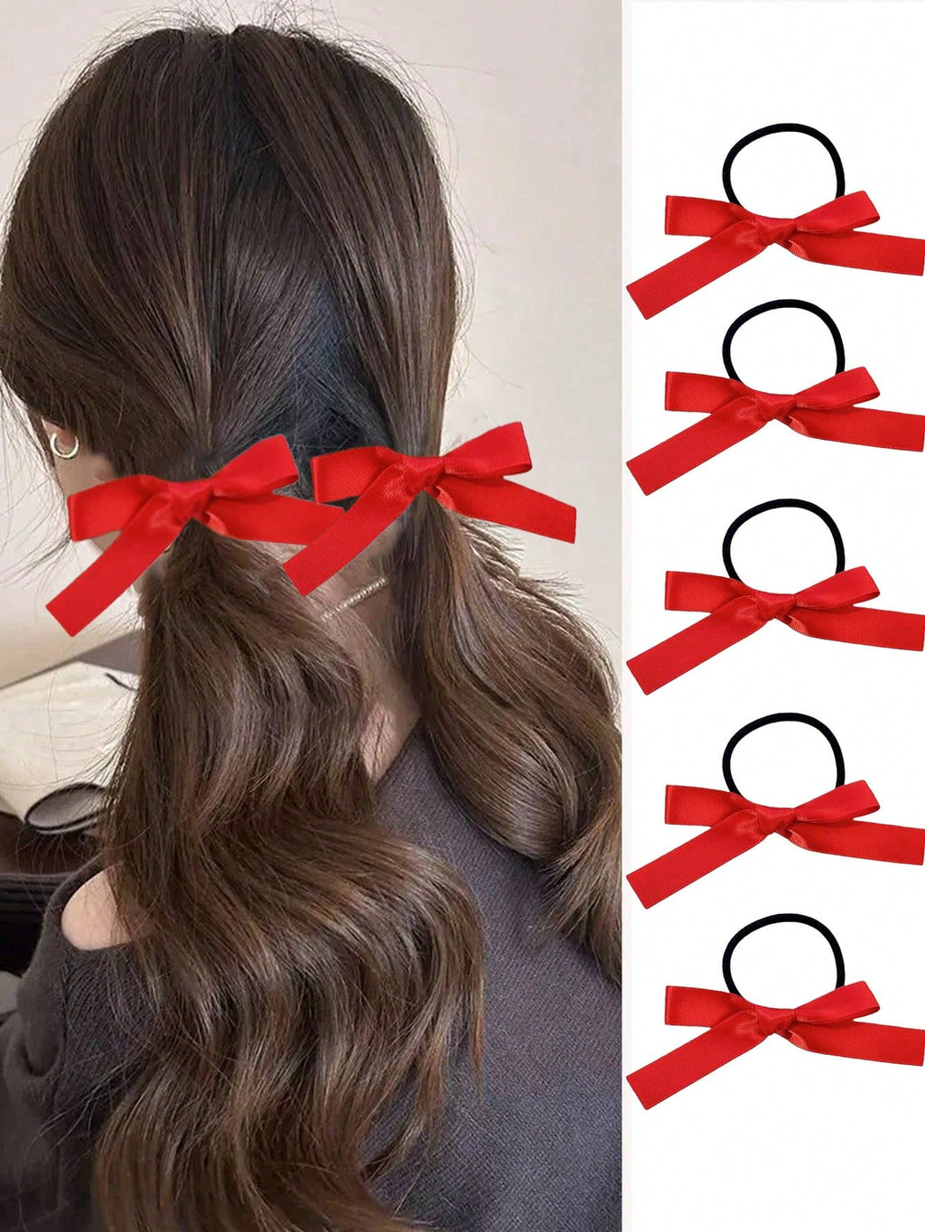 5pcs Women's Fashionable And Cute Red Bow Hair Ties, Perfect For Daily Ponytail Use, Women's Hair Accessories, Highly Recommended Gifts, Autumn Outfits, Ponytail Holders, Hair Elastics, Hair Rubber Bands, Scrunchies, Hair Rope
