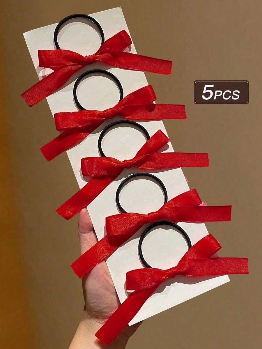 5pcs Women's Fashionable And Cute Red Bow Hair Ties, Perfect For Daily Ponytail Use, Women's Hair Accessories, Highly Recommended Gifts, Autumn Outfits, Ponytail Holders, Hair Elastics, Hair Rubber Bands, Scrunchies, Hair Rope