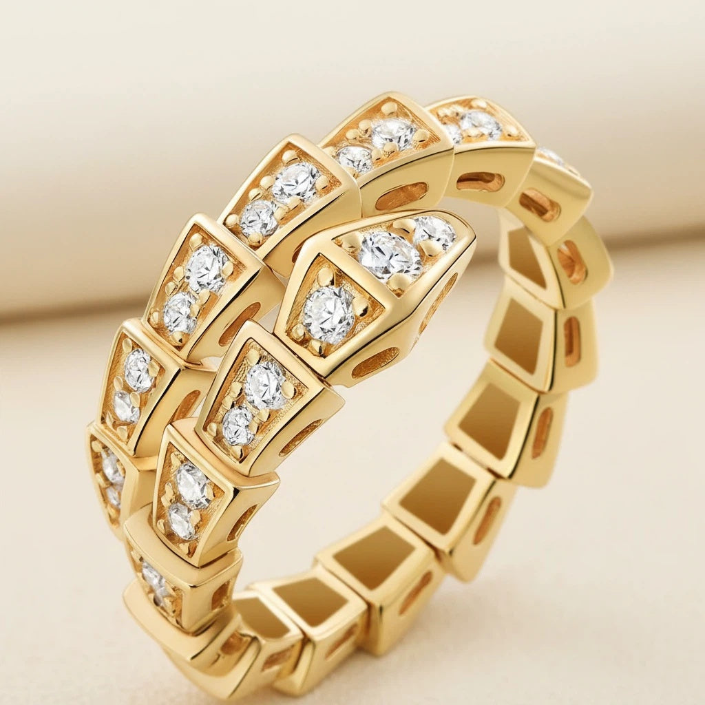1 PC Gold Avant-Garde Snake-Shaped Open Ring – Copper & Zirconia Inlaid Punk Hip-Hop Jewelry, Premium Craftsmanship for Daily Edgy Looks & Urban Street Style