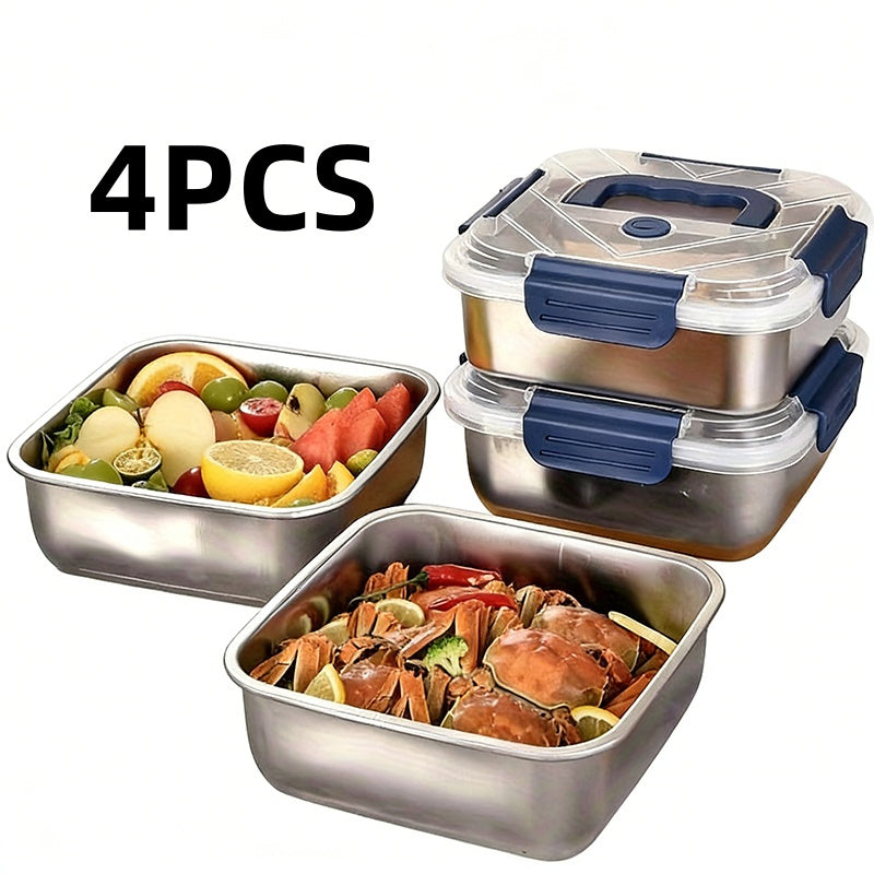 4-Piece Stainless Steel Food Storage Containers with Blue Handles, Leak-Proof and Airtight, Reusable Lunch Containers, Dishwasher Oven Freezer Microwave Safe, Perfect for Kitchen