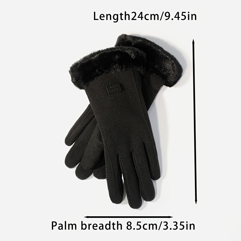 1 Pair Women’s Black Touchscreen Windproof Thermal Gloves – Fur-Cuffed Warm-Lined Design Perfect for Commuting, Hiking & Running Trips