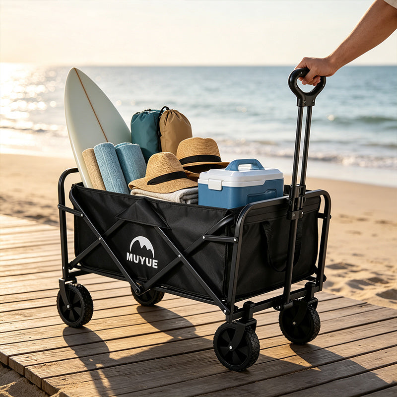 Heavy Duty Foldable Black Garden Utility Wagon Cart Holds Up to 680 LBS, Multi-Purpose Outdoor Trolley with All-Terrain Wheels & Side Storage Pockets, Ideal for Yard Work, Plant Hauling and Garden Supplies Transport