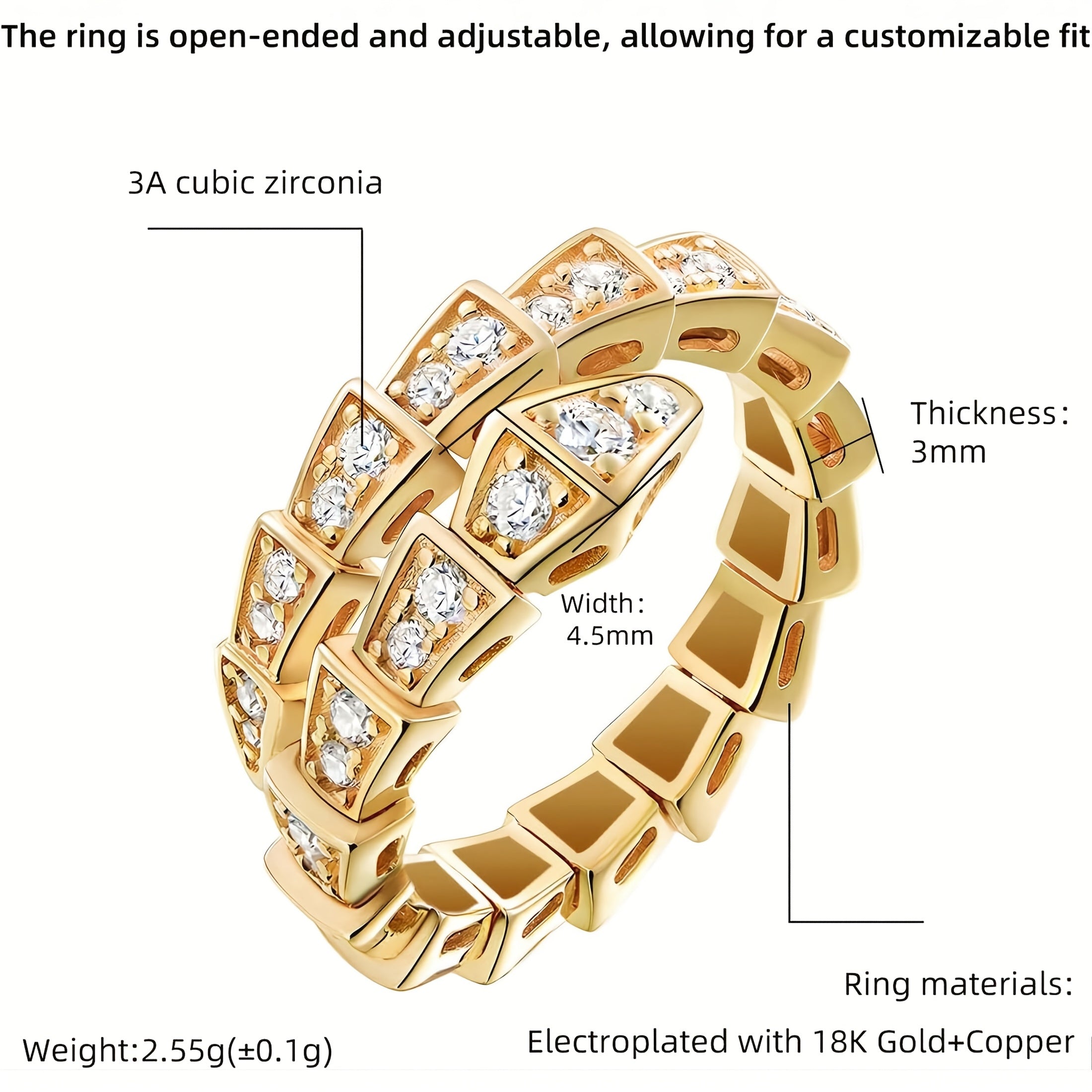 1 PC Gold Avant-Garde Snake-Shaped Open Ring – Copper & Zirconia Inlaid Punk Hip-Hop Jewelry, Premium Craftsmanship for Daily Edgy Looks & Urban Street Style