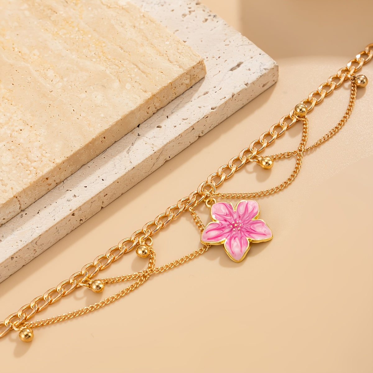 Women Minimalist Cherry Blossom Double Layer Ankle Bracelet, Adjustable Extension Chain Sweet Anklet Jewelry, Stylish Accessory for Daily Wear, Dating and Coastal Holiday Outfit Matching
