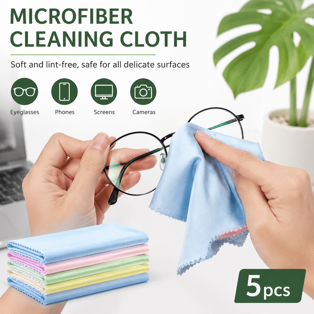 5pcs Lint-Free Microfiber Wiping Cloths, Comfortable Thick Odorless Cleaning Rags, Universal Cleaner for Glasses, Camera Lens and Cell Phone Screen, Great Gift for Tech Enthusiasts & Daily Use, Random Color