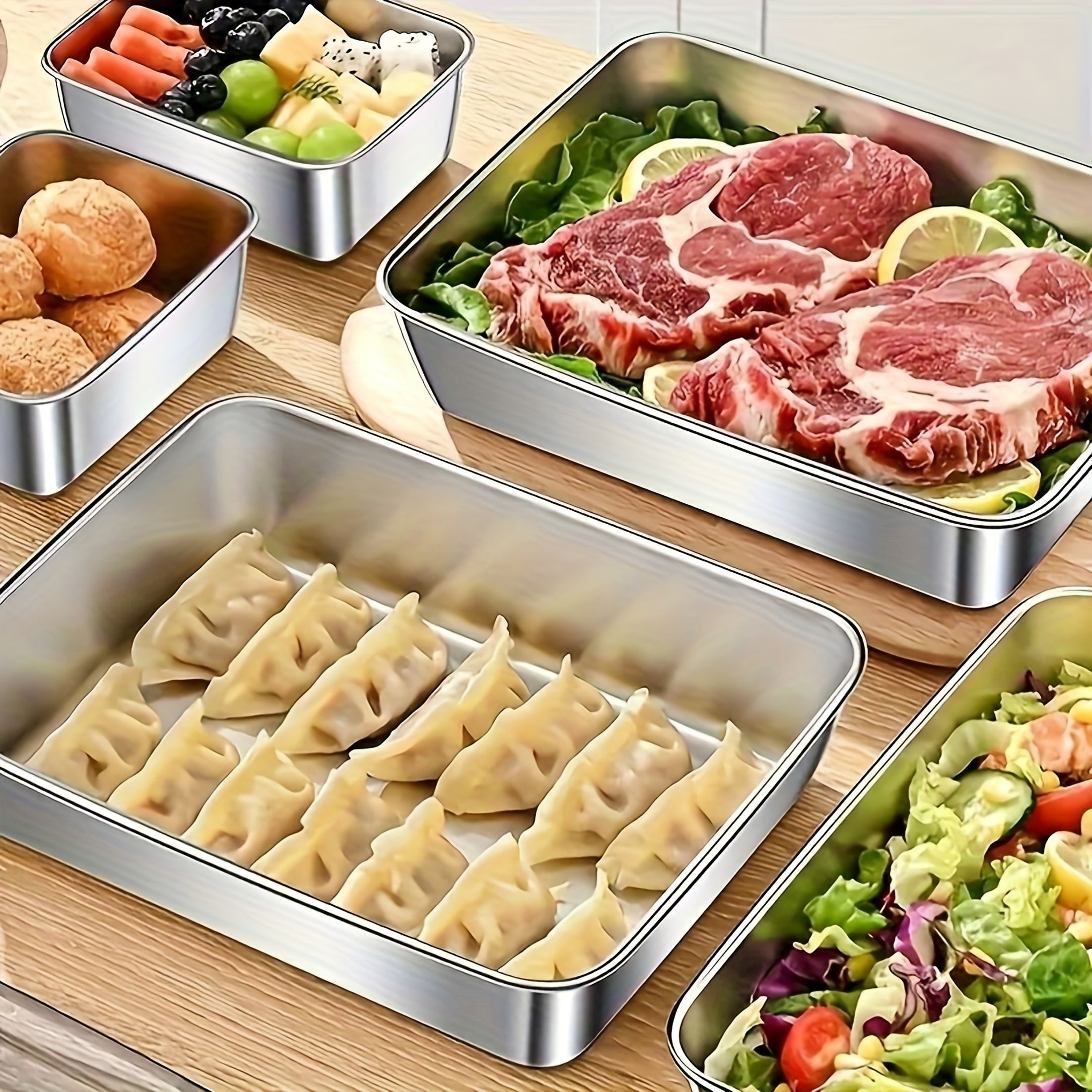 Buy 3 Get 2 Free: 5 Premium Reusable Stainless Steel Food Storage Boxes – Free Lids Included, Stackable Easy-to-Clean Containers Ideal for Picnicking, Meal Prep & Fridge Organization