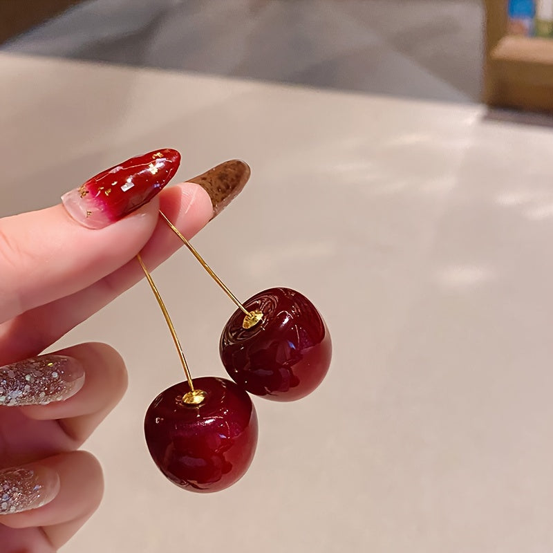 1 Pair Cute Cherry Shaped Faux Fruit Earrings Funny Exaggerated Fashion Ear Ornaments Women Accessories Suitable for Dance Party Holiday and Travel