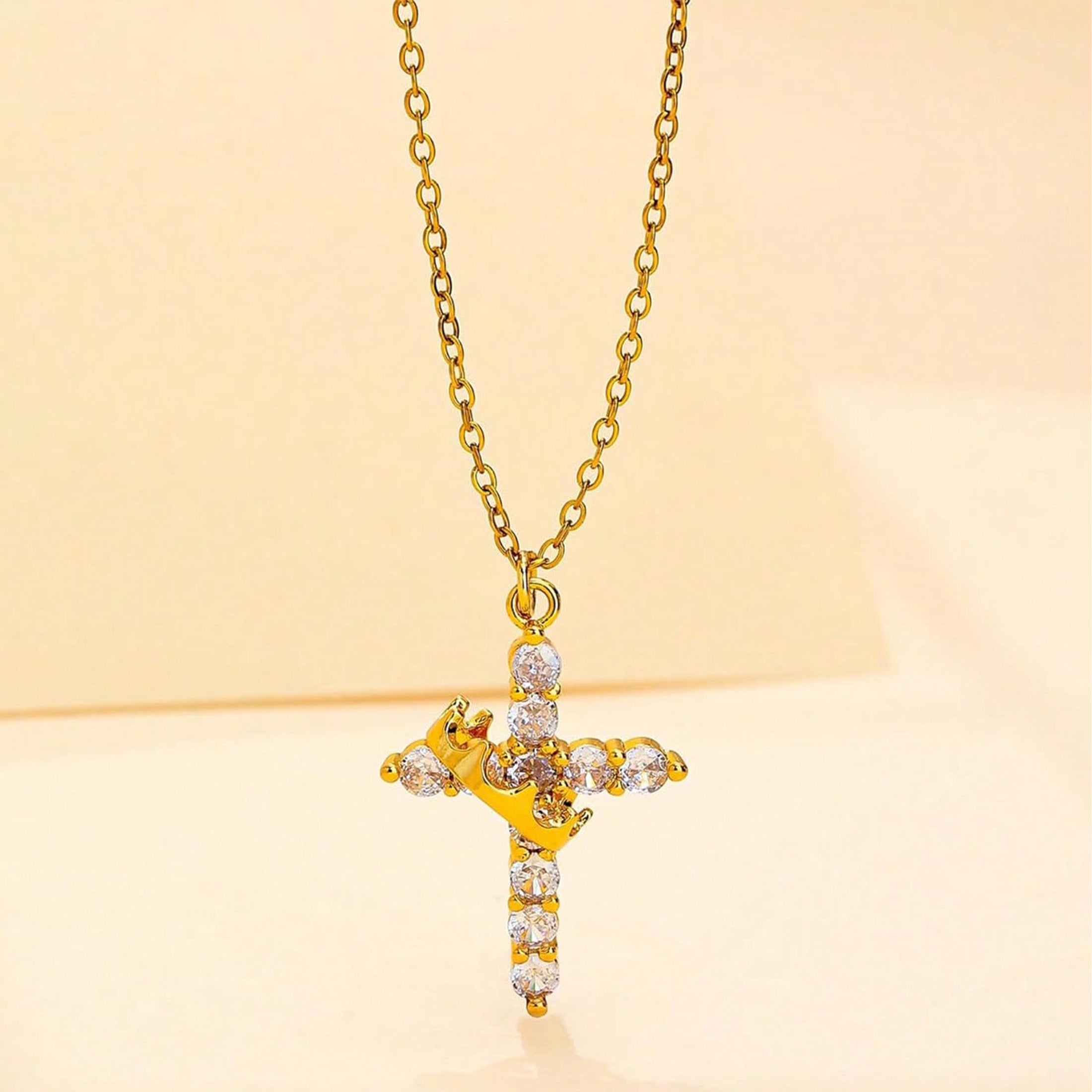 1 PC Copper Cross Pendant Necklace – Spinable Circular Element with Elegant Crown Design, Classic Faith-Based Accessory Ideal for Devout Wearers & Daily Styling