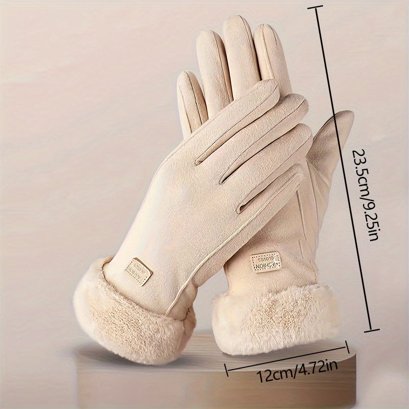 1 Pair Women’s Beige Touchscreen Windproof Thermal Gloves – Fur-Cuffed Warm-Lined Design Perfect for Commuting, Hiking & Running Adventures