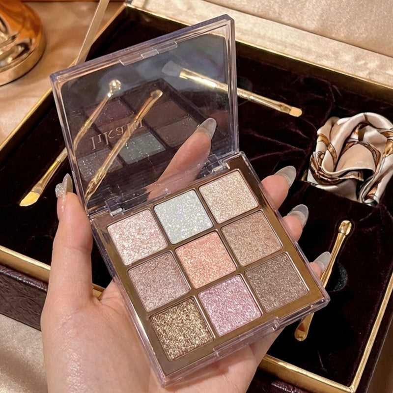 9-Color Shimmery Glitter Eyeshadow Palette, Smooth Highly Blendable Pigmented Eye Powder, All Day Long Lasting Sparkly Eye Makeup, Multi Tone Cosmetic for Daily Dating Wedding & Party Festival Glam Looks