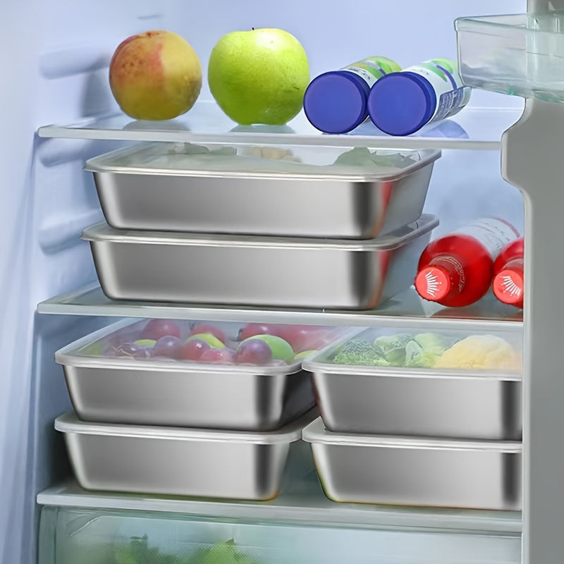 4pcs 7.09in*5.12in Food-Grade Stainless Steel Storage Boxes with Lids - Reusable Rectangular Trays, Ideal as Dumpling Plates, Baking Pans & Barbecue Dishes for Kitchen Organization