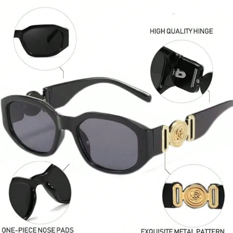 1 Pair Cool Shiny Gold Decor Black Frame Sunglasses for Women, Trendy Fashion Eyewear Accessories, Ideal for Street Photography, Photo Trips and Seaside Vacation Outfits