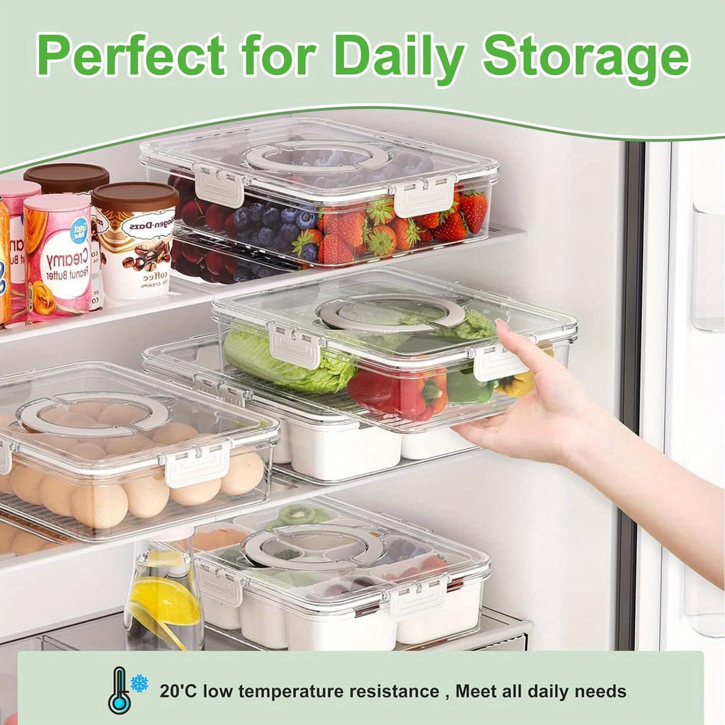 8-Compartment Transparent Food Storage Container, Airtight Sealable Fridge Organizer Lunch Box, Multipurpose Storage Bin for Kitchen Countertop and Pantry Organization