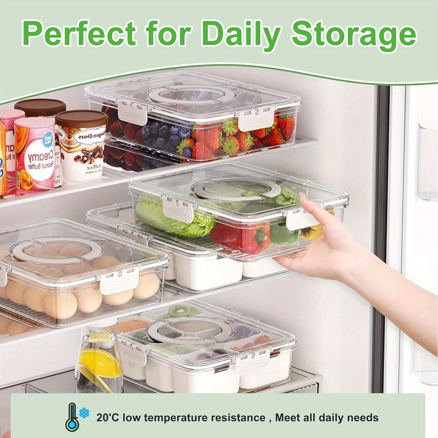 8-Compartment Transparent Food Storage Container, Airtight Sealable Fridge Organizer Lunch Box, Multipurpose Storage Bin for Kitchen Countertop and Pantry Organization
