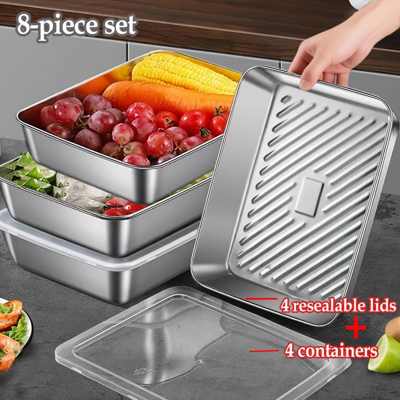 4pcs 8.66in*5.91in Food-Grade Stainless Steel Dumpling Trays with Lids - Stackable Reusable Food Storage Containers, Ideal for Baking, Meal Prep, Outdoor Picnics & Kitchen Fridge Organization