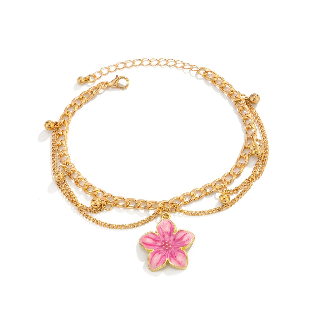 Women Minimalist Cherry Blossom Double Layer Ankle Bracelet, Adjustable Extension Chain Sweet Anklet Jewelry, Stylish Accessory for Daily Wear, Dating and Coastal Holiday Outfit Matching