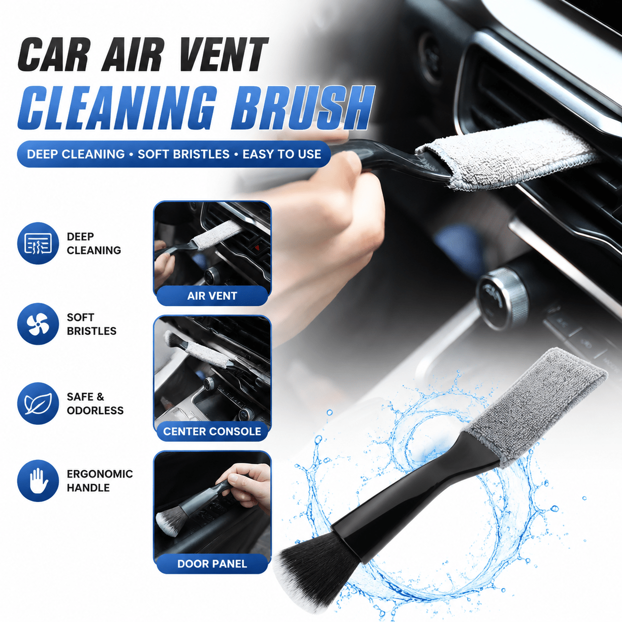 3Pcs Multi-purpose Soft Cleaning Brushes, Dual-head Brush for Car Air Vent and Interior Detailing, Reusable Manual Vehicle Cleaning Tools, Practical Car Wash Accessories for All Seasons