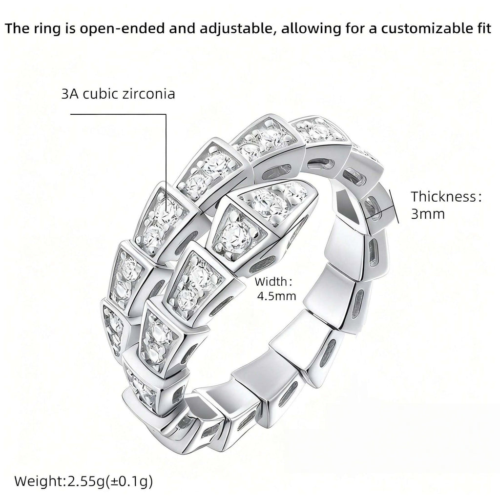 1pc Silver Snake-Shaped Open Ring - Punk Hip-Hop Style Copper Inlaid Cubic Zirconia Jewelry, Edgy Fashion Accessory for Daily Wear, Creative Couple Gift for Holidays & Urban Street Outfits