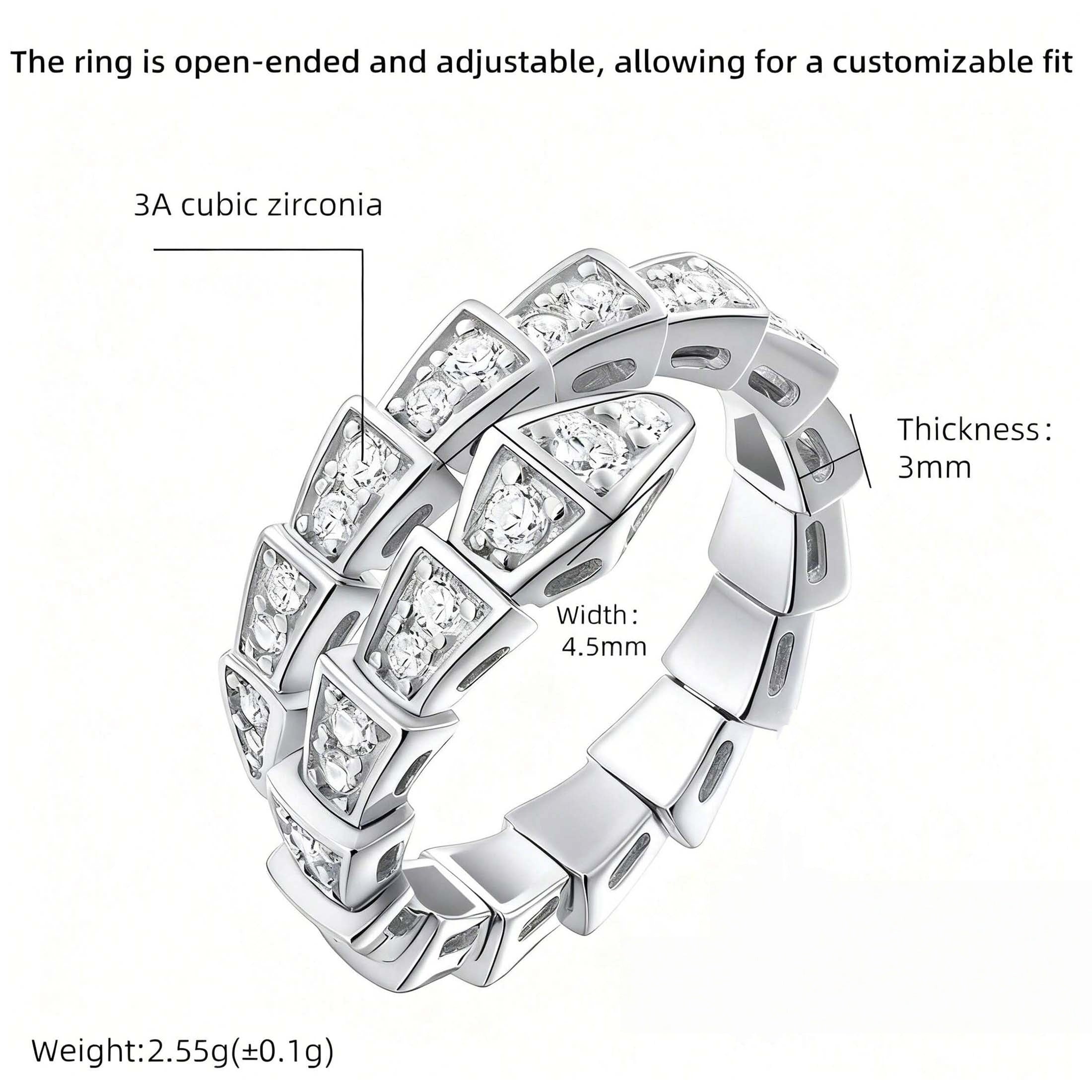 1pc Silver Snake-Shaped Open Ring - Punk Hip-Hop Style Copper Inlaid Cubic Zirconia Jewelry, Edgy Fashion Accessory for Daily Wear, Creative Couple Gift for Holidays & Urban Street Outfits