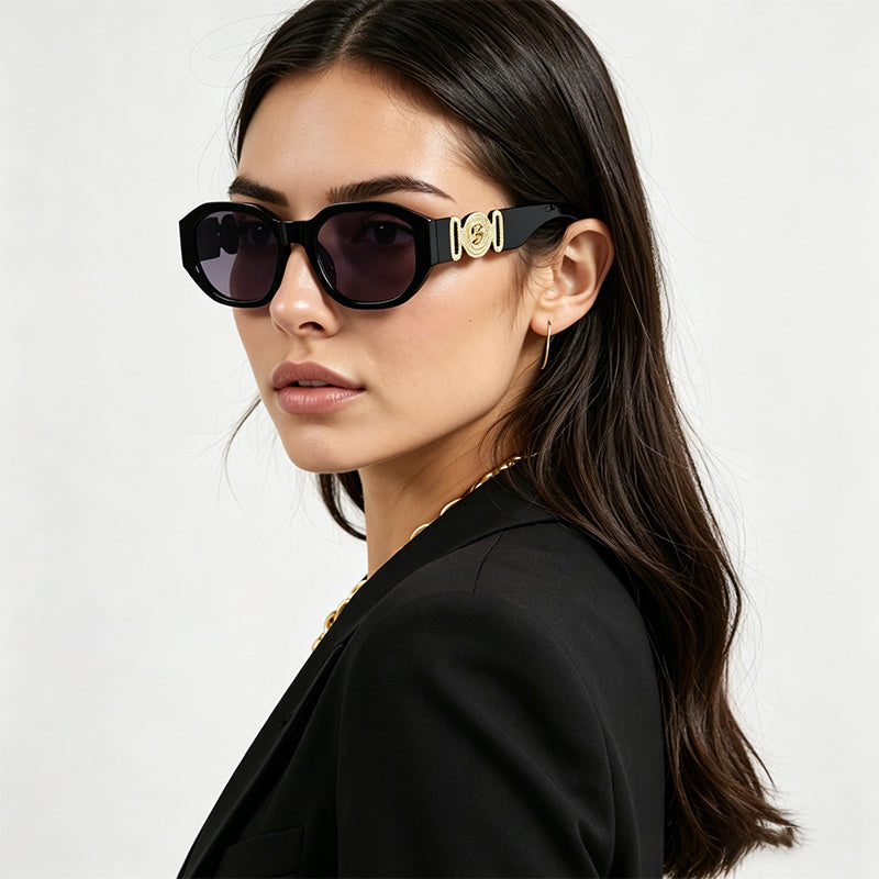1 Pair Cool Shiny Gold Decor Black Frame Sunglasses for Women, Trendy Fashion Eyewear Accessories, Ideal for Street Photography, Photo Trips and Seaside Vacation Outfits