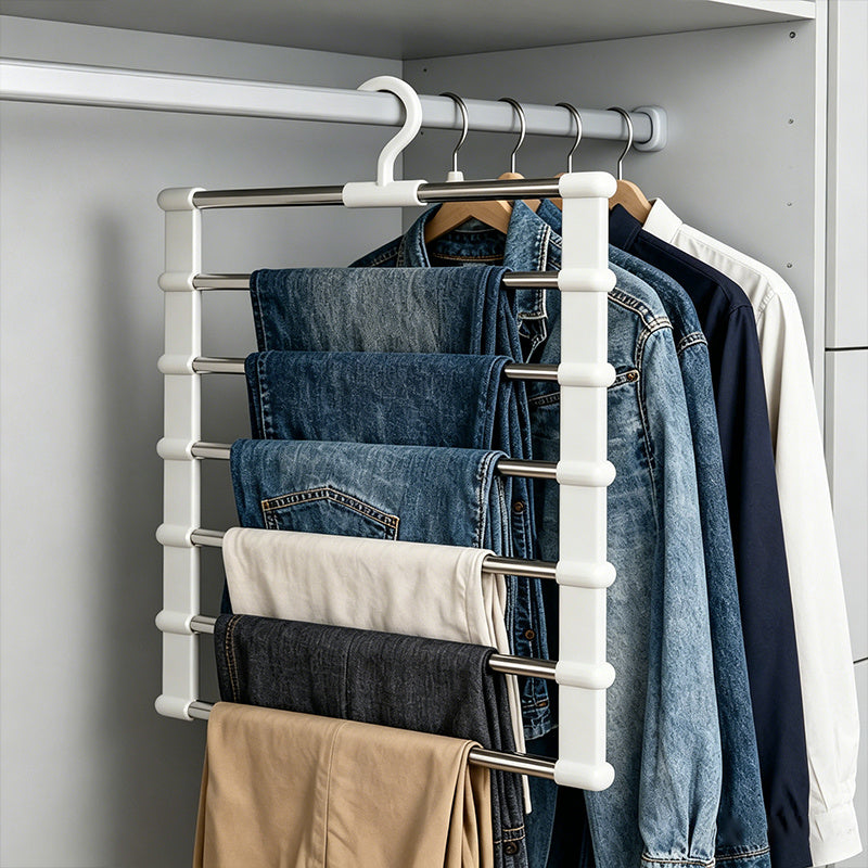 1 Piece Foldable Multi Layer Pants Storage Hanger, Stainless Steel Space Saving Closet Organizer, Non Slip for Jeans Leggings Wide Leg Pants Shorts Skirts, Heavy Duty Anti Wrinkle No Trace Storage