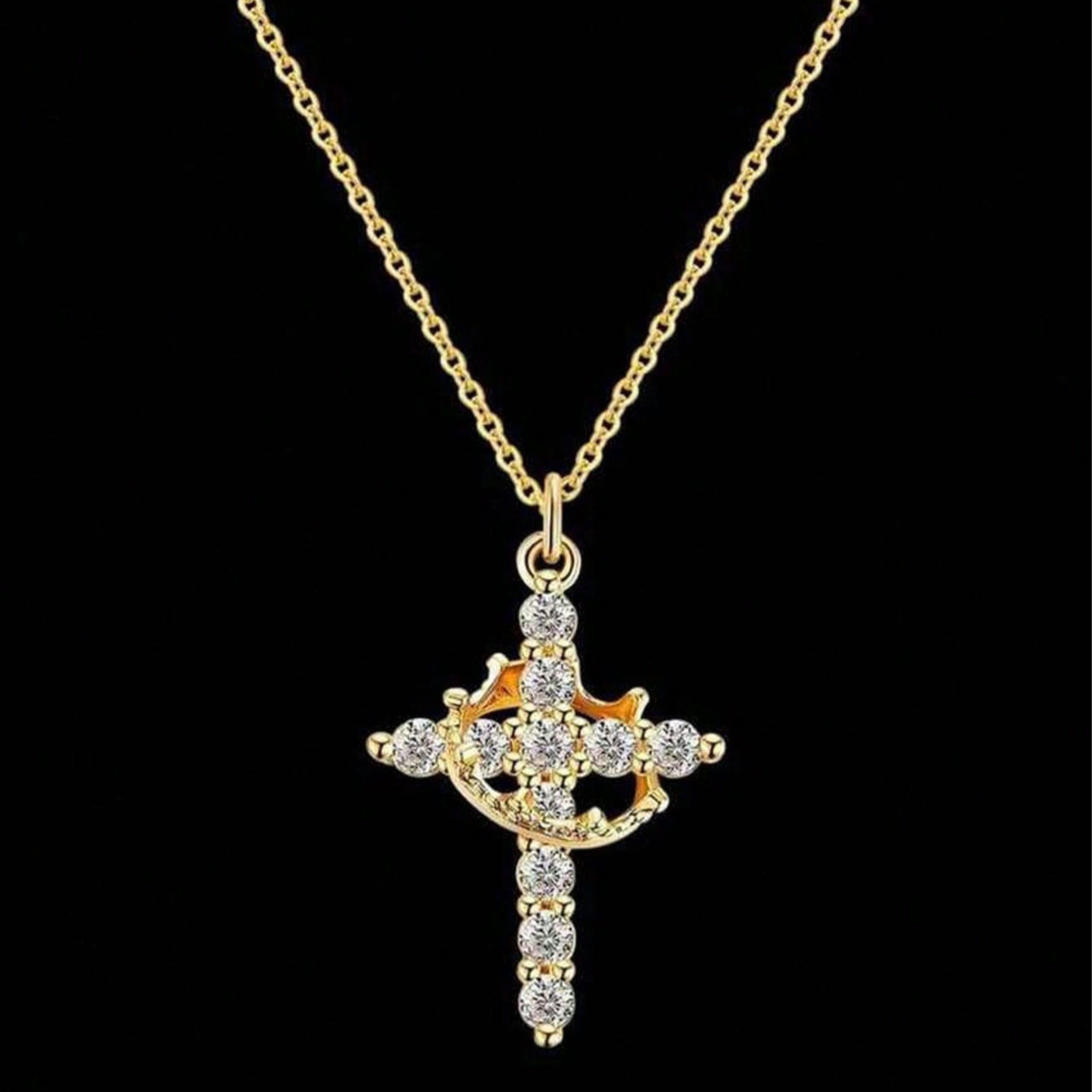 1 PC Copper Cross Pendant Necklace – Spinable Circular Element with Elegant Crown Design, Classic Faith-Based Accessory Ideal for Devout Wearers & Daily Styling