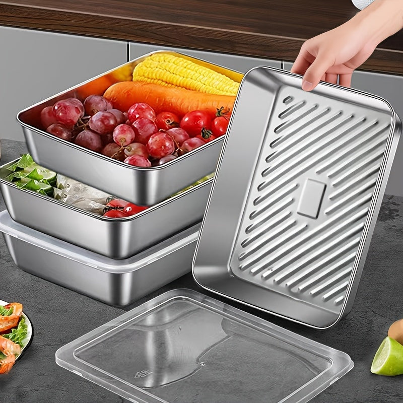 6pcs 7.09in*5.12in Food-Grade Stainless Steel Plates with Lids - Stackable Reusable Dumpling Trays & Baking Pans, Great for Storing Wontons, Fruits, Veggies & Picnic Meal Prep