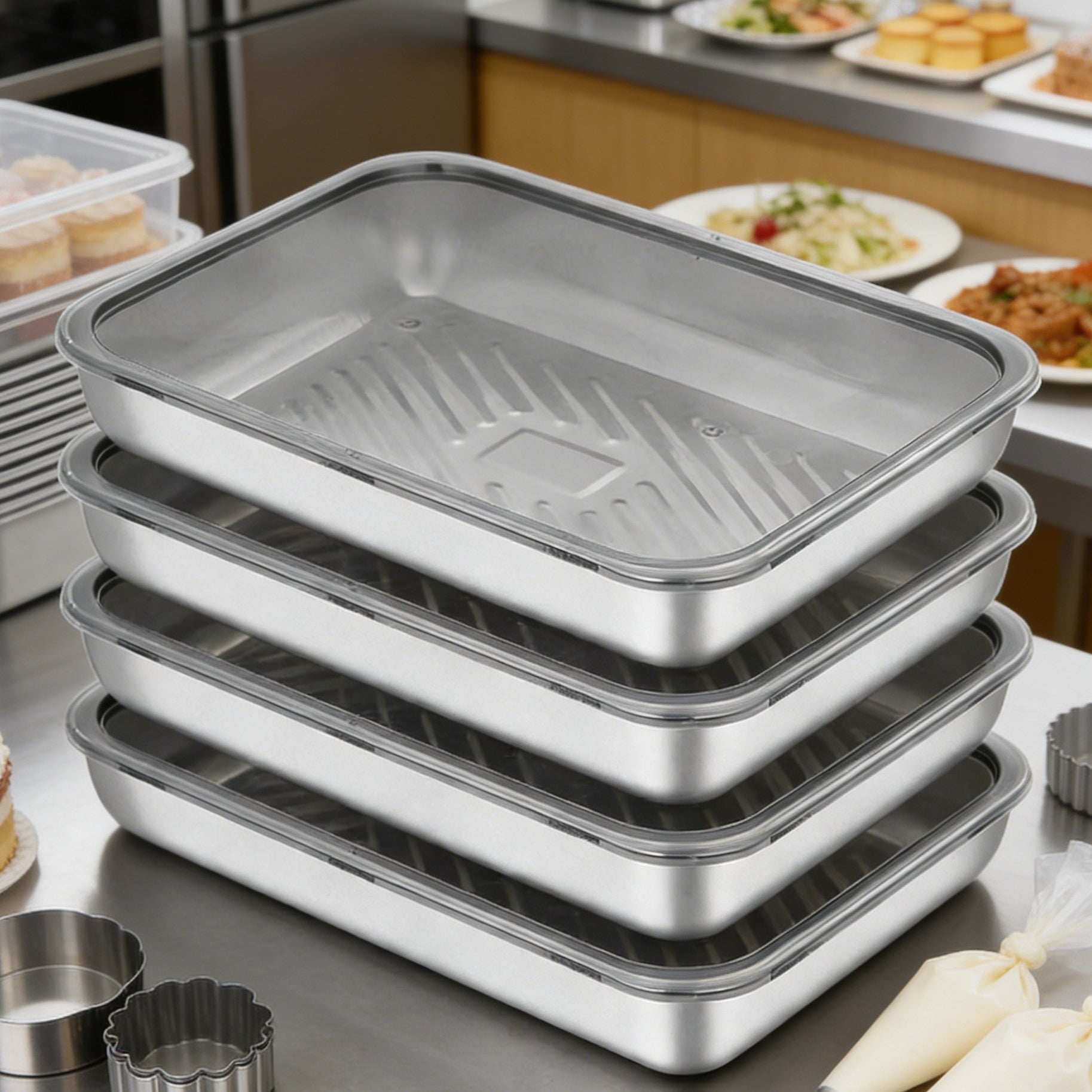 4pcs 7.09in*5.12in Food-Grade Stainless Steel Storage Boxes with Lids - Reusable Rectangular Trays, Ideal as Dumpling Plates, Baking Pans & Barbecue Dishes for Kitchen Organization