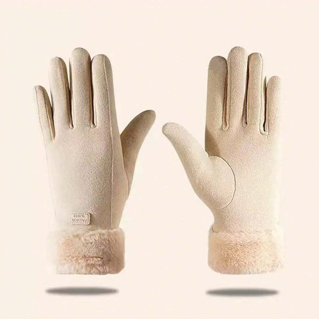 1 Pair Women’s Beige Touchscreen Windproof Thermal Gloves – Fur-Cuffed Warm-Lined Design Perfect for Commuting, Hiking & Running Adventures
