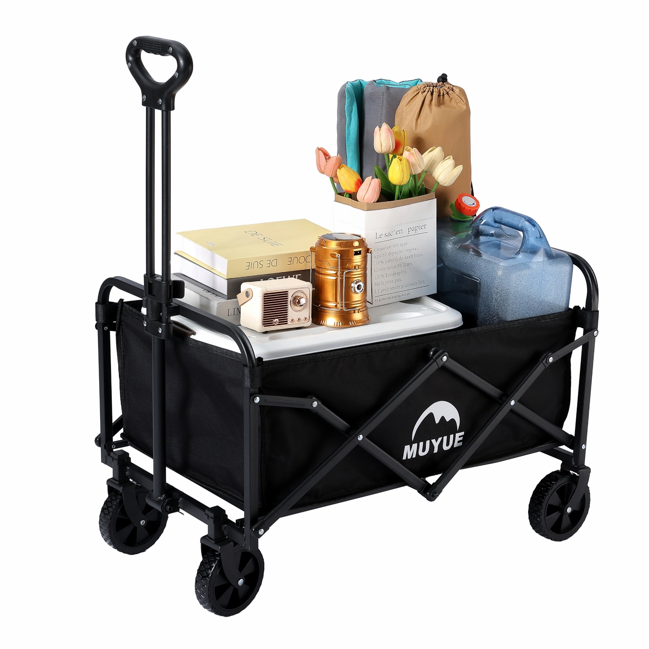Heavy Duty Foldable Black Garden Utility Wagon Cart Holds Up to 680 LBS, Multi-Purpose Outdoor Trolley with All-Terrain Wheels & Side Storage Pockets, Ideal for Yard Work, Plant Hauling and Garden Supplies Transport