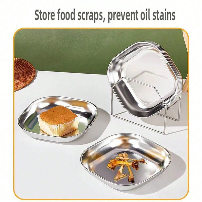4pcs Stainless Steel Square Dish Set, Stackable Thickened Serving Plates, Versatile Kitchen Trays for Bones, Fruits and Snacks, Durable Easy-to-Clean Tableware, Great for Home & Restaurant Use