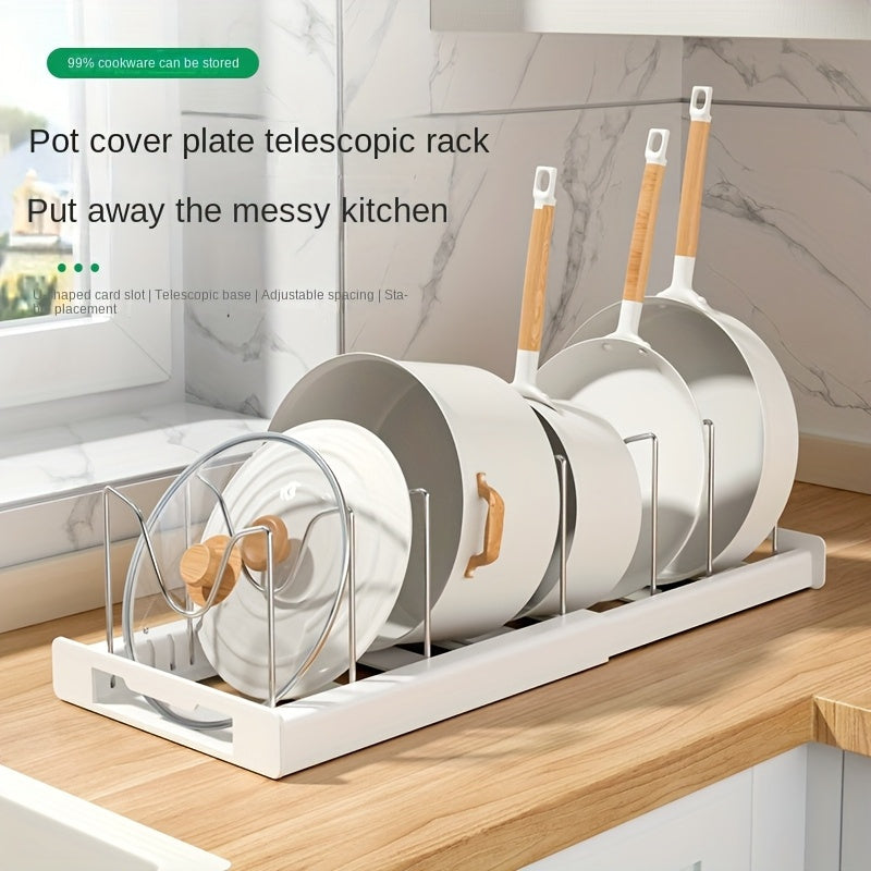 1pc Space-Saving Kitchen Organizer Rack, Metal Construction with 7 Adjustable Shelves, Expandable Lid Holder, Pull-Out Drawer, Utensil Rack & Drain Board for Pots & Pans