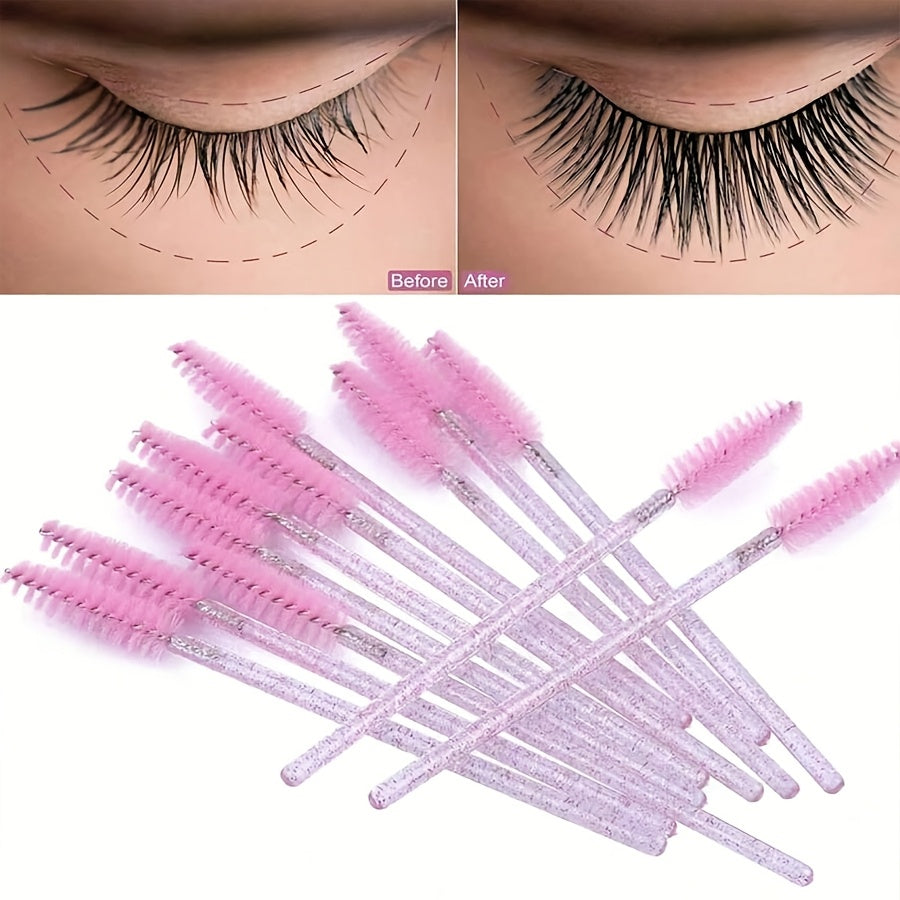 50PCS Pink Crystal Eyelash Curlers, Disposable Flexible Eyebrow Brush with Storage Box, Portable Mascara Wand Applicator, Perfect for Eyelash Extension & Castor Oil Application