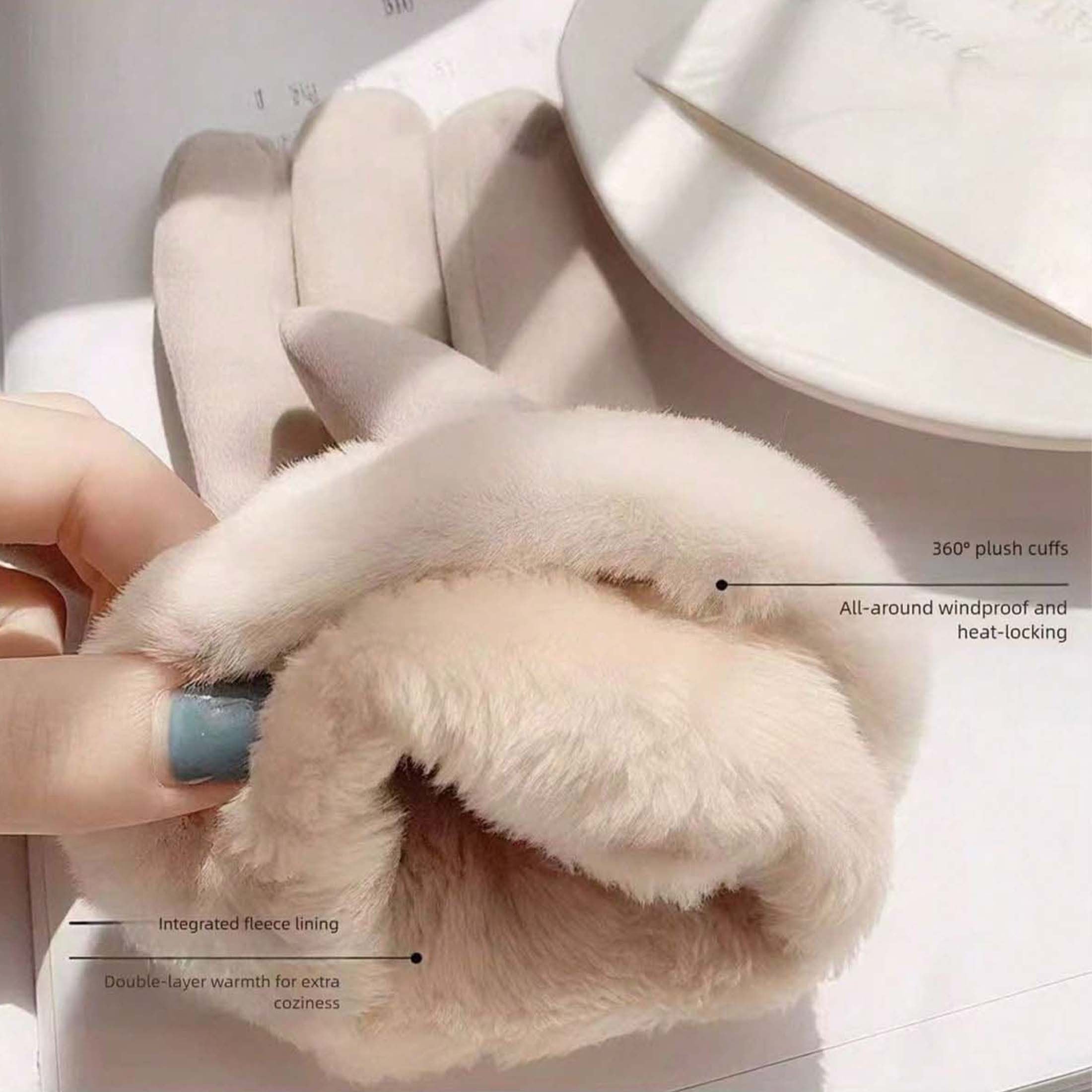 1 Pair Women’s Beige Touchscreen Windproof Thermal Gloves – Fur-Cuffed Warm-Lined Design Perfect for Commuting, Hiking & Running Adventures