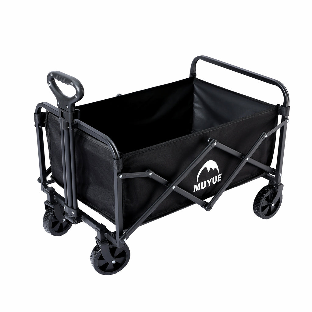 Heavy Duty Foldable Black Garden Utility Wagon Cart Holds Up to 680 LBS, Multi-Purpose Outdoor Trolley with All-Terrain Wheels & Side Storage Pockets, Ideal for Yard Work, Plant Hauling and Garden Supplies Transport