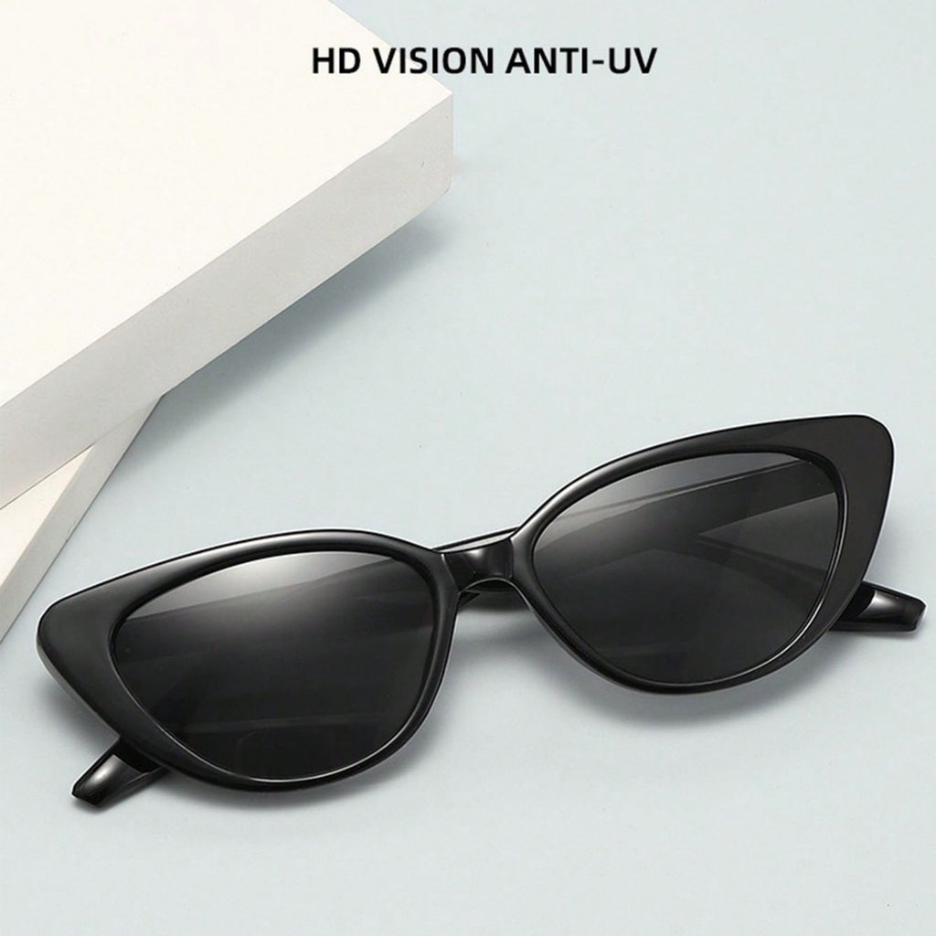 1 Pair Women’s Narrow Frame Retro Black Cat Eye Sunglasses – UV Protection with Unique Black Gradient Lenses, Plastic Frame & Face-Slimming Design, Elegant Versatile Fashion Eyewear