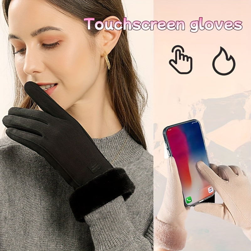 1 Pair Women’s Black Touchscreen Windproof Thermal Gloves – Fur-Cuffed Warm-Lined Design Perfect for Commuting, Hiking & Running Trips