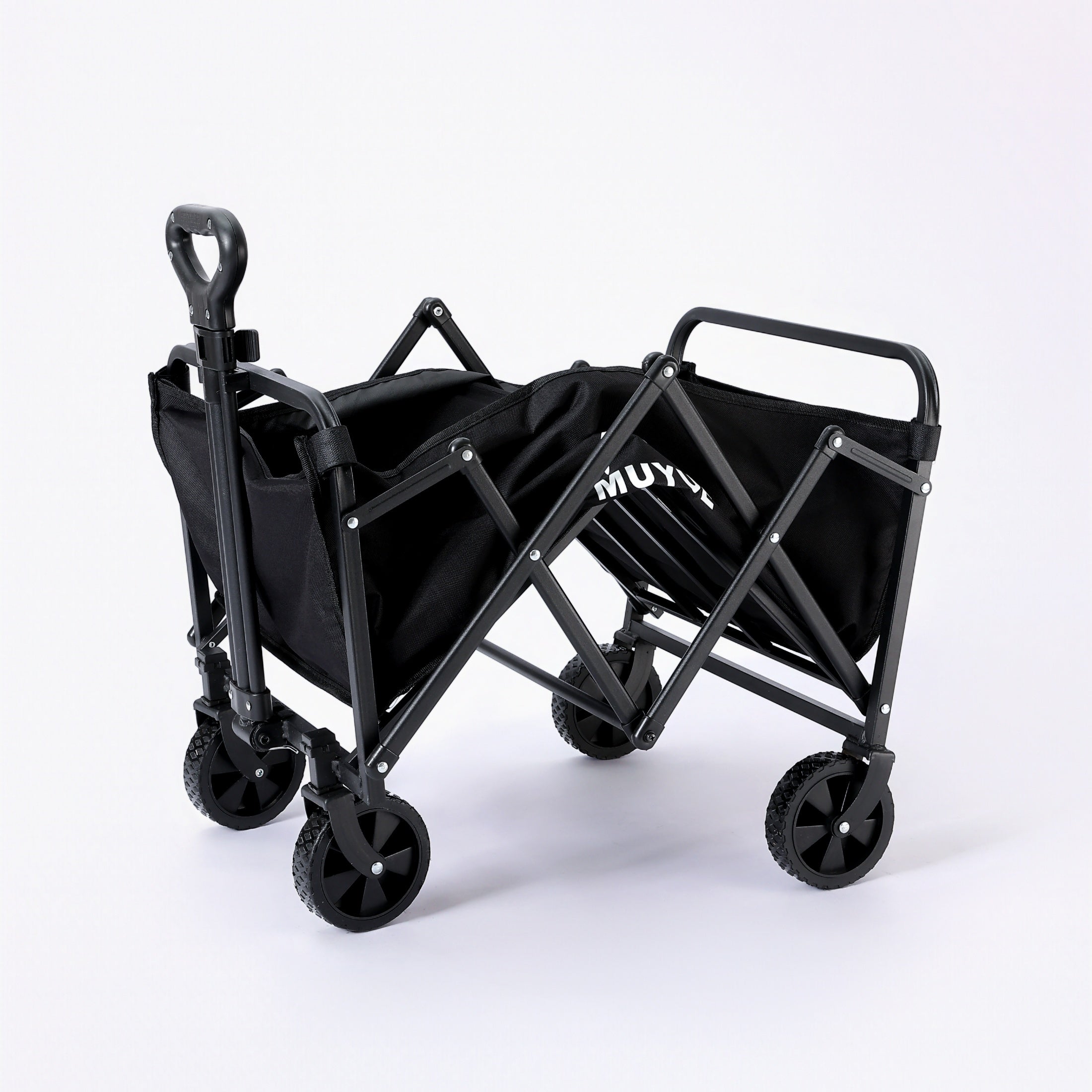 Heavy Duty Foldable Black Garden Utility Wagon Cart Holds Up to 680 LBS, Multi-Purpose Outdoor Trolley with All-Terrain Wheels & Side Storage Pockets, Ideal for Yard Work, Plant Hauling and Garden Supplies Transport