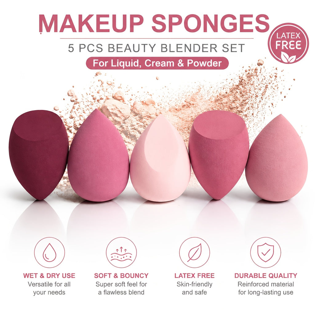 5-Piece Latex Free Makeup Beauty Sponges, Dual Use Dry & Wet Multi-Functional Makeup Puffs, Works With All Types of Foundation, Professional Beginner Friendly Makeup Tool