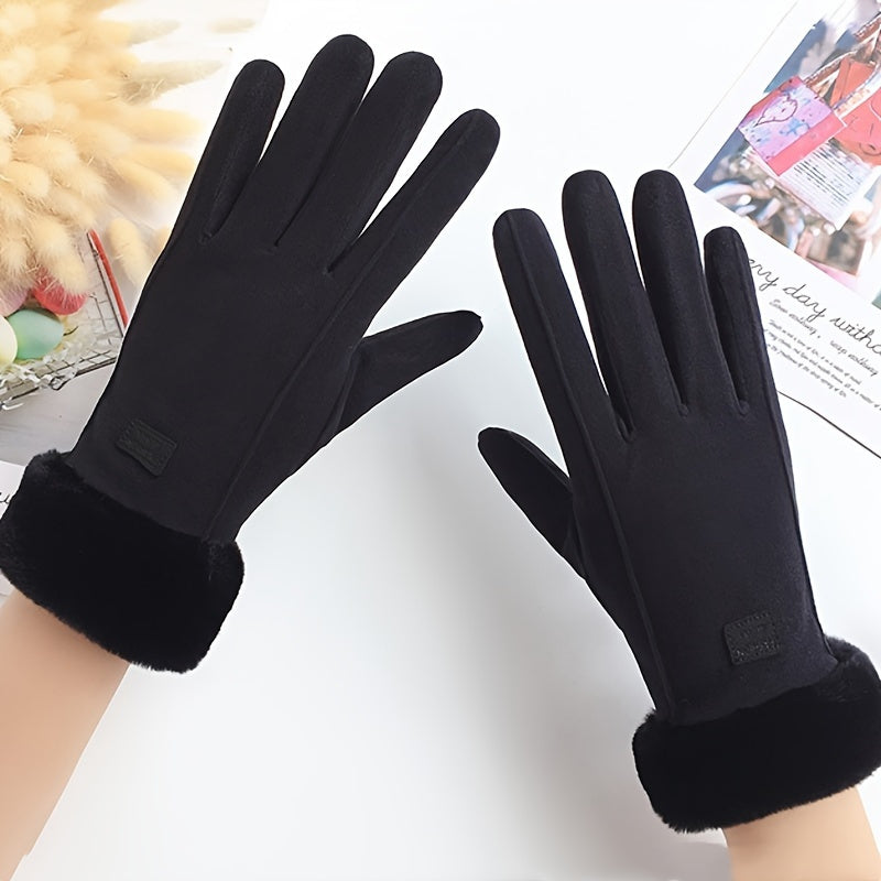 1 Pair Women’s Black Touchscreen Windproof Thermal Gloves – Fur-Cuffed Warm-Lined Design Perfect for Commuting, Hiking & Running Trips