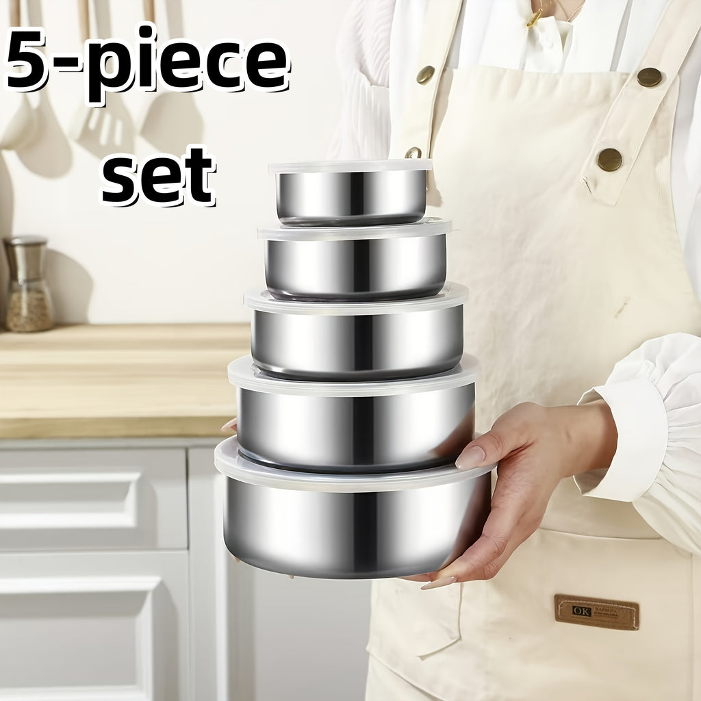 5-Piece Reusable Stainless Steel Outdoor Containers – Circular Airtight Lids, Perfect for Storing Fruits, Vegetables & Snacks, Ideal Companion for Picnic Parties & Outdoor Adventures