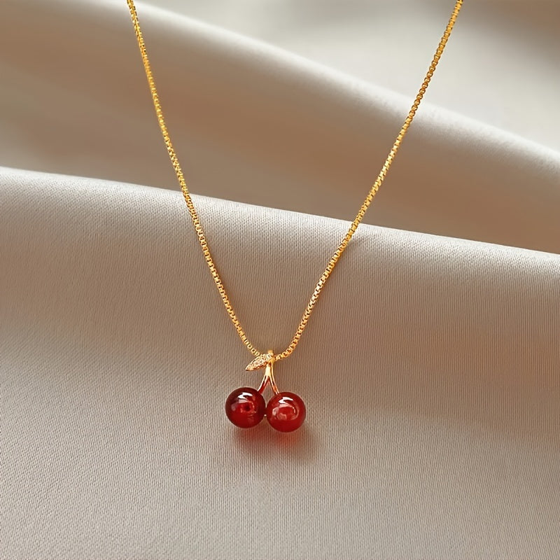Gold Plated Double Cherry Pendant Necklace, Delicate Red Cherry & Leaf Design, Adjustable Comfort Lightweight Chain, Durable Elegant Fashion Jewelry Suitable for Daily Outfits and Presents