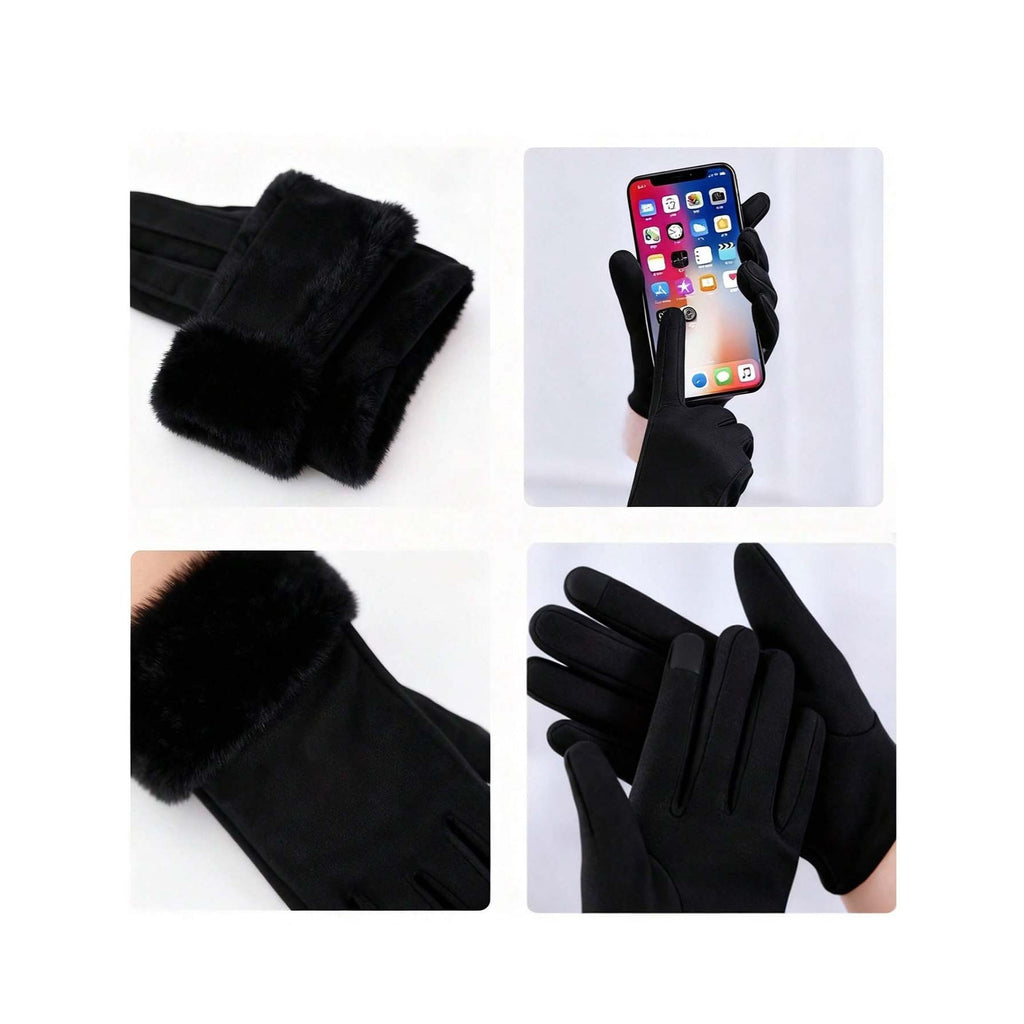 1 Pair Women’s Black Touchscreen Windproof Thermal Gloves – Fur-Cuffed Warm-Lined Design Perfect for Commuting, Hiking & Running Trips