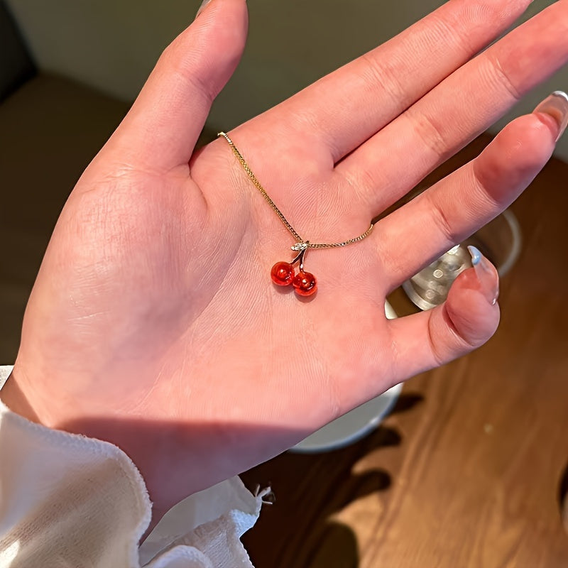 Gold Plated Double Cherry Pendant Necklace, Delicate Red Cherry & Leaf Design, Adjustable Comfort Lightweight Chain, Durable Elegant Fashion Jewelry Suitable for Daily Outfits and Presents