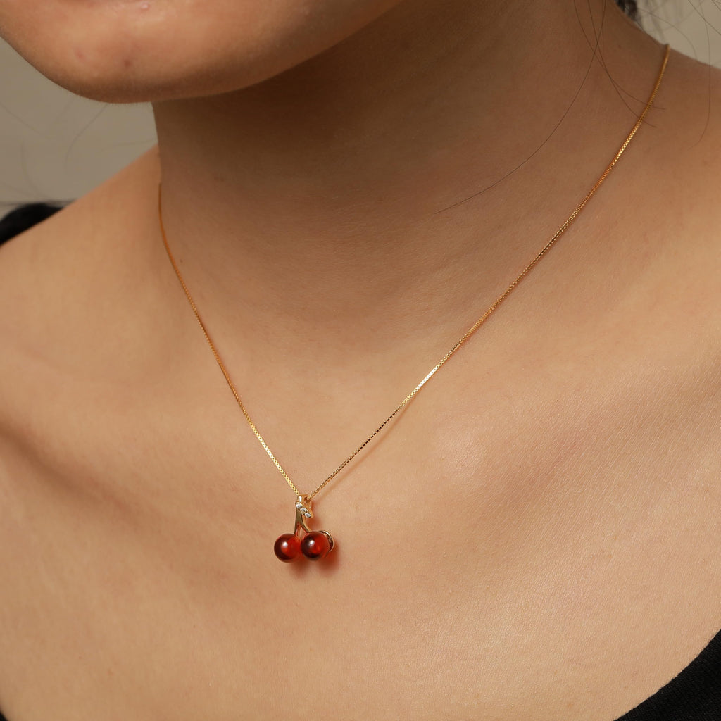 Gold Plated Double Cherry Pendant Necklace, Delicate Red Cherry & Leaf Design, Adjustable Comfort Lightweight Chain, Durable Elegant Fashion Jewelry Suitable for Daily Outfits and Presents