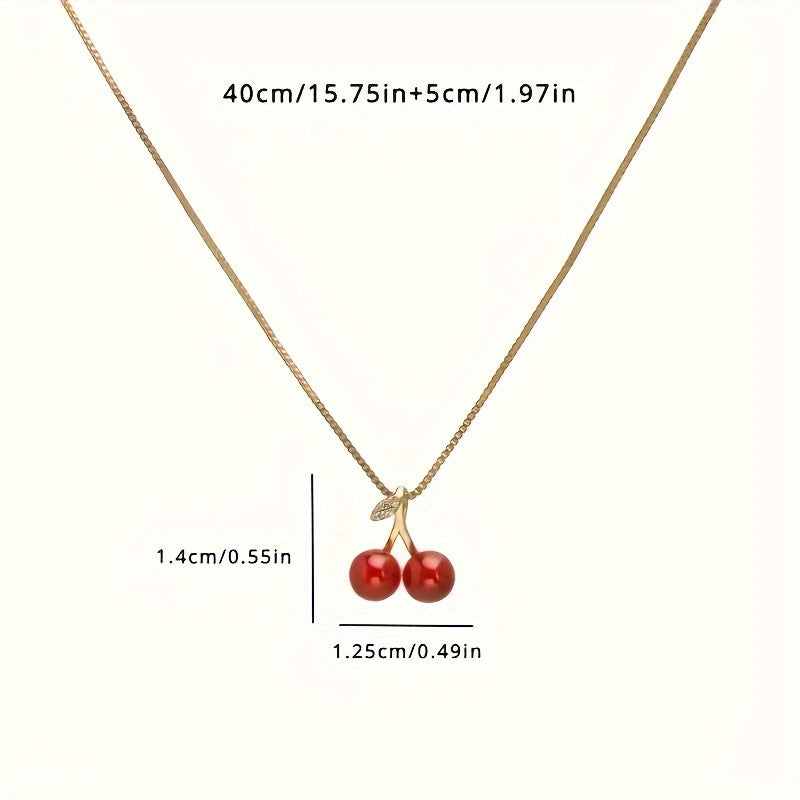 Gold Plated Double Cherry Pendant Necklace, Delicate Red Cherry & Leaf Design, Adjustable Comfort Lightweight Chain, Durable Elegant Fashion Jewelry Suitable for Daily Outfits and Presents