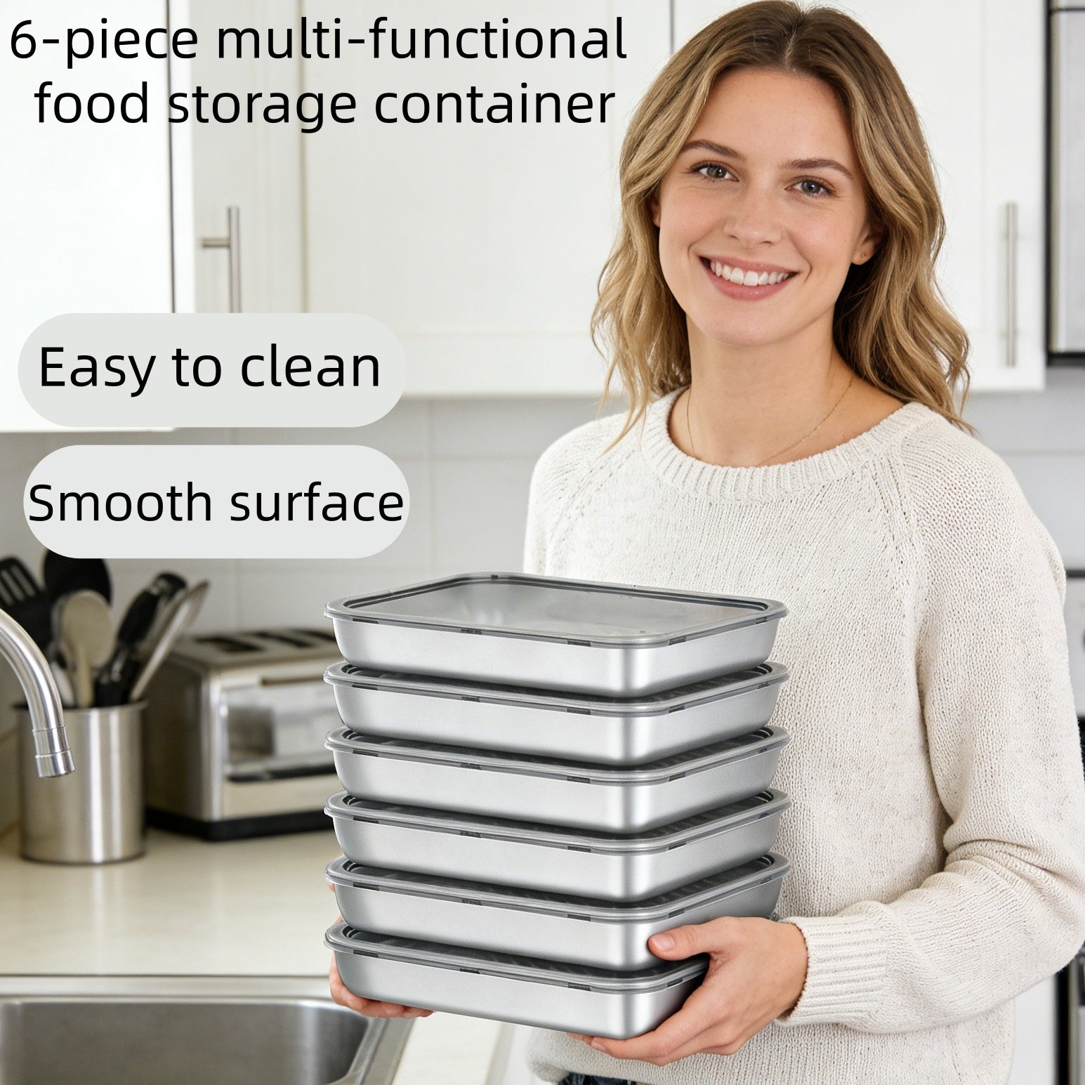 6pcs 8.66in*5.91in Stainless Steel Kitchen Storage Containers with Lids - Food-Grade Dumpling Trays, Stackable Reusable for Baking, Meal Prep & Fruit Veggie Keeping