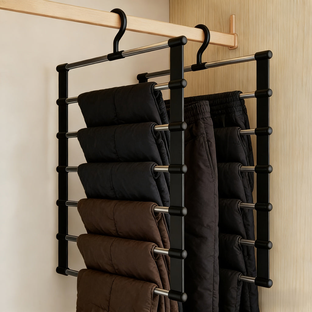 1 Piece Stainless Steel 6 Tier Pants Shelf Black Frame Collapsible Space Saving Design Polished Ports Ideal for Home Wardrobes and Retail Display