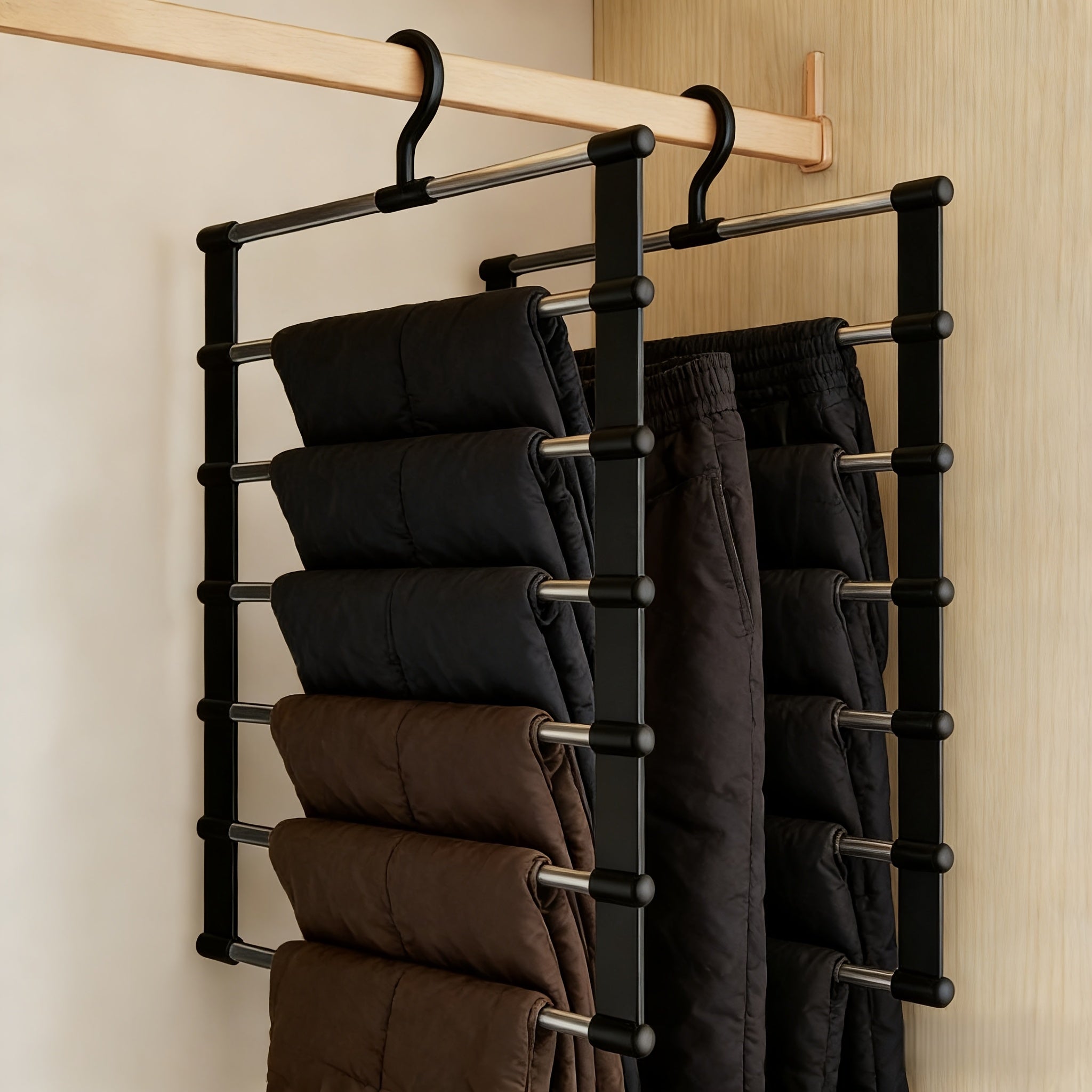 1 Piece Stainless Steel 6 Tier Pants Shelf Black Frame Collapsible Space Saving Design Polished Ports Ideal for Home Wardrobes and Retail Display